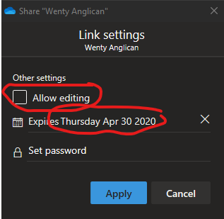 Sharing Options: no editing, expiry, no password