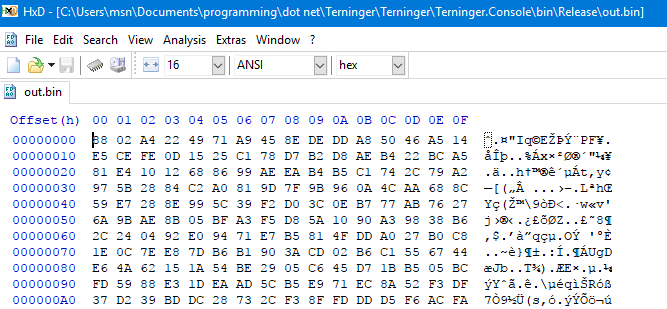 The same sequence of random bytes as a binary file