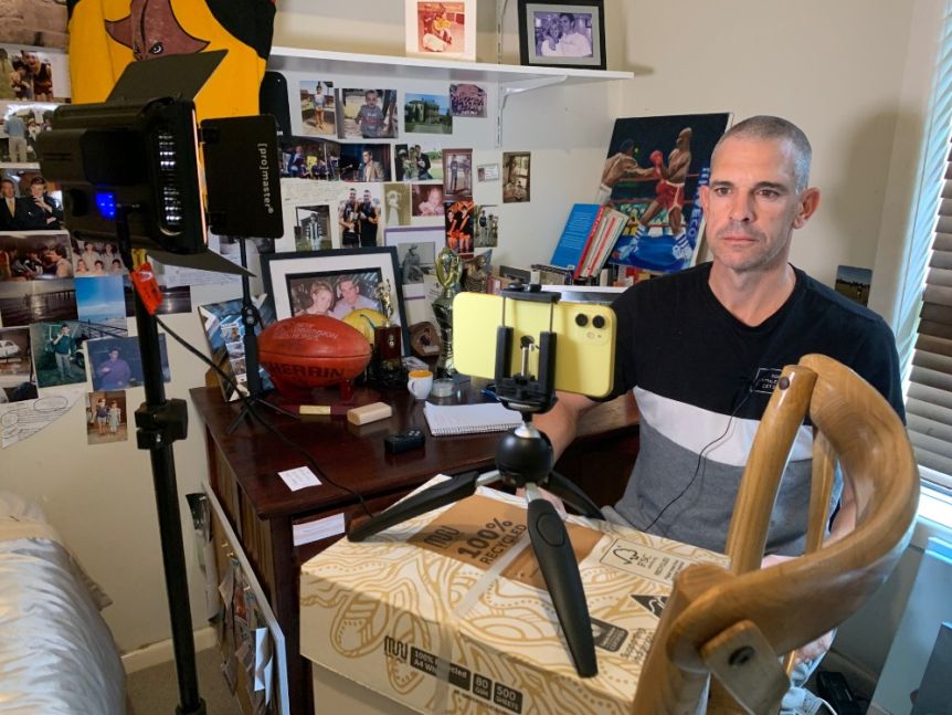 I usually catch Paul Kennedy's sport segment each morning around 7:30am on ABC News Breakfast. Here's his home setup with an iPhone. (Credit - ABC News: Pat Rocca)