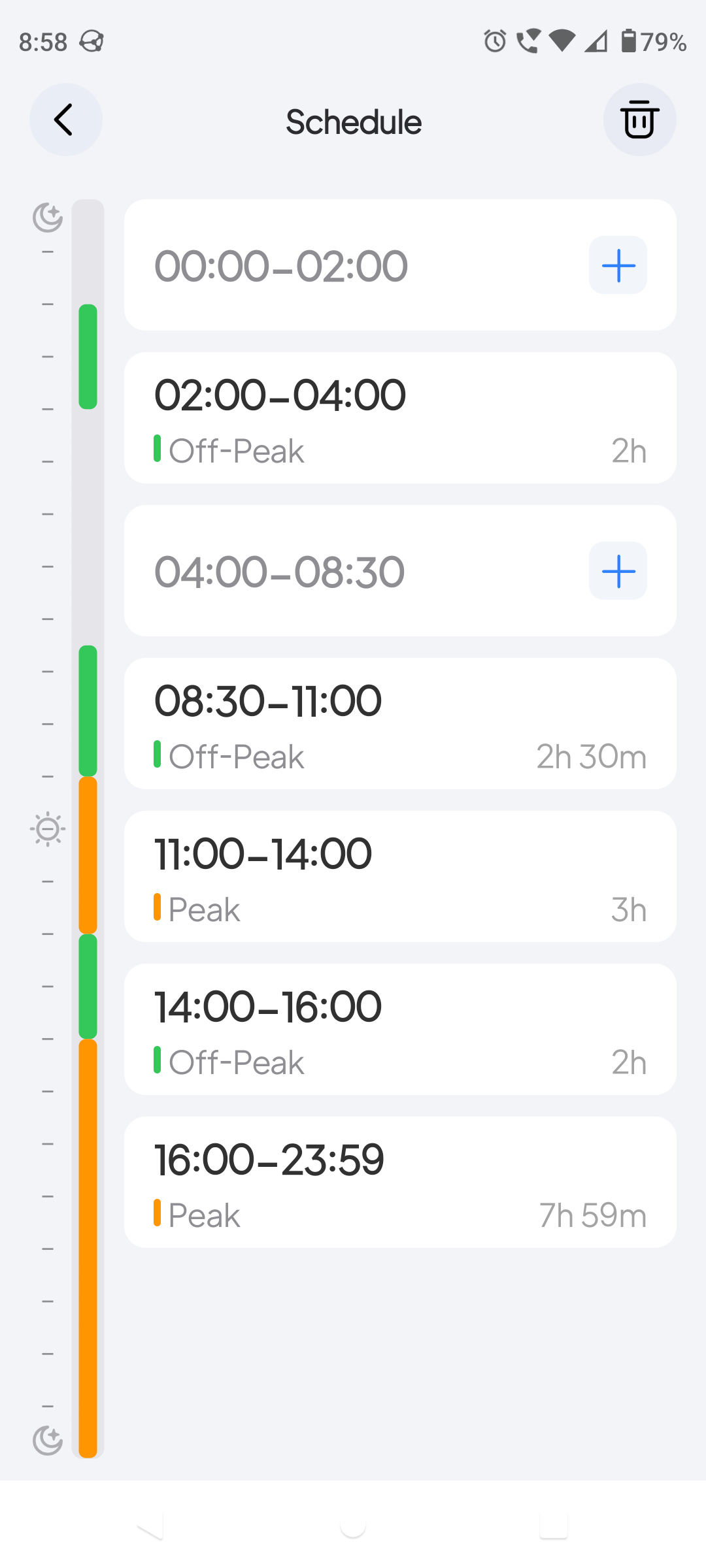 App schedule, timed to charge when the sun shines.