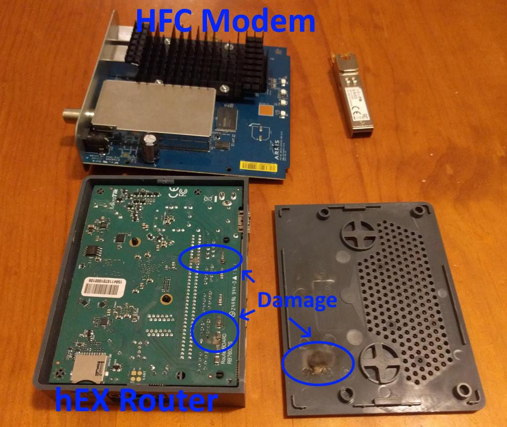 The insides of the HFC Modem and hEX Router.