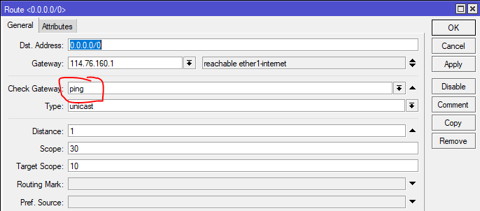 The default route with `check gateway` set.