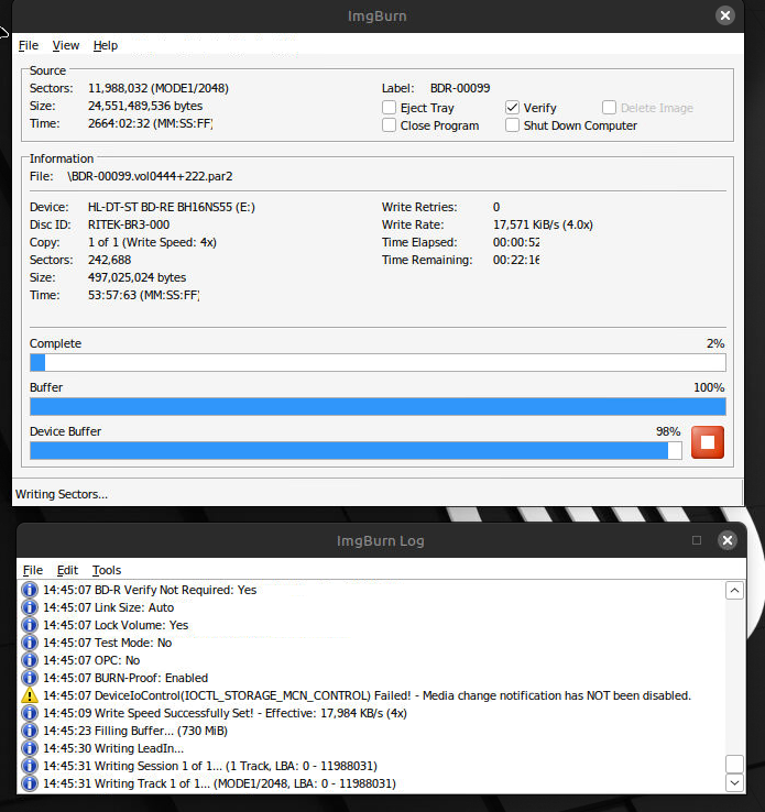 ImgBurn burning a disk on Linux via Wine!
