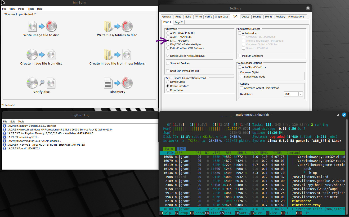 ImgBurn running on Linux via Wine!