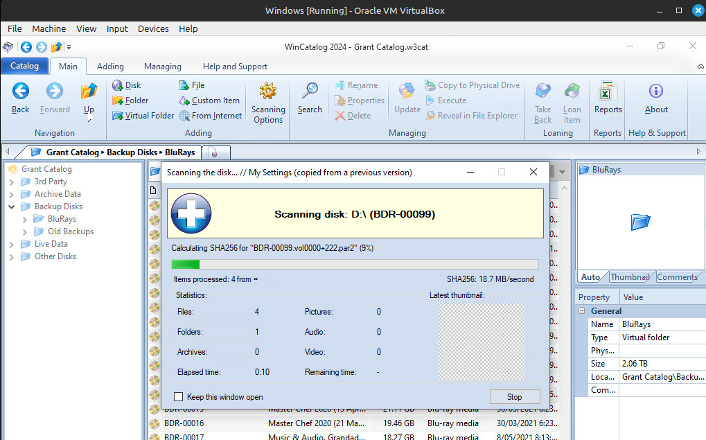 WinCatalog importing a disk in VirtualBox