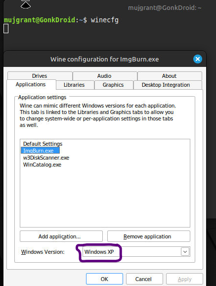 winecfg lets you configure the version of Windows to present to each program