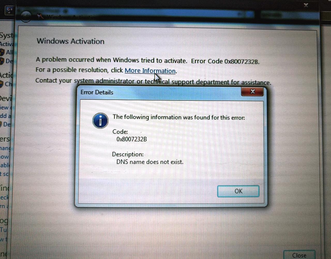 Unable to activate Windows: DNS name does not exist.