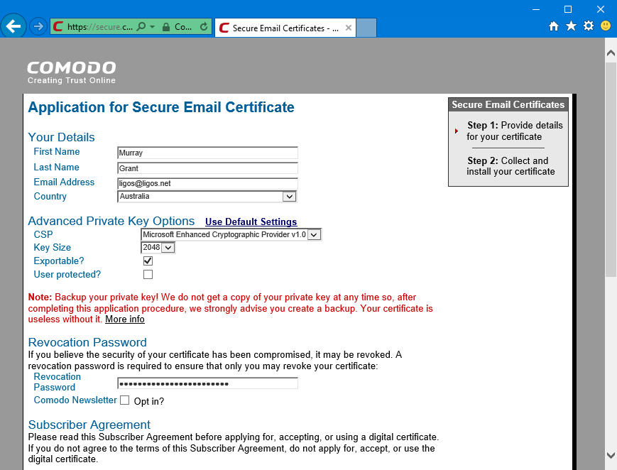 comodo email certificate public key