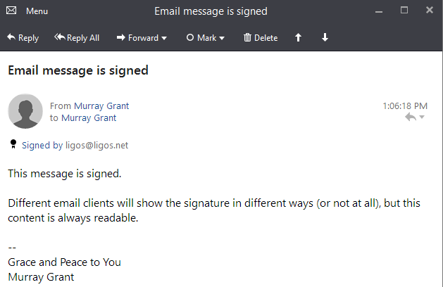 Signed emails have a badge, and the certificate email address.