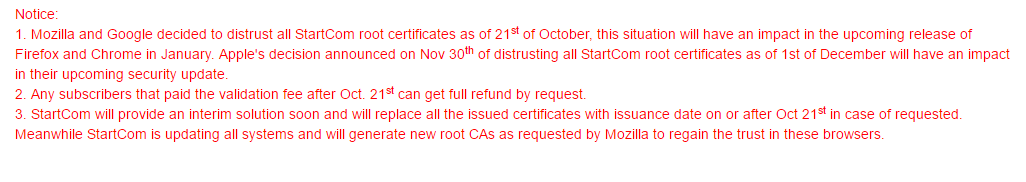 Mozilla and Chrome will Distrust StartSSL's certificates starting January 2017