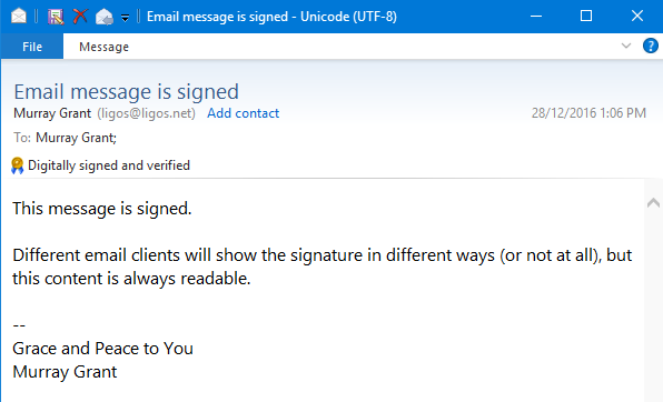 Signed emails have a coloured badge, but no email address.