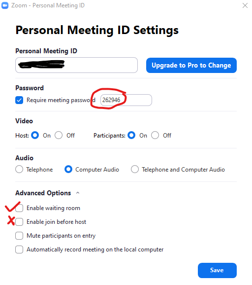 Options for your meeting: password, waiting room, join before host.